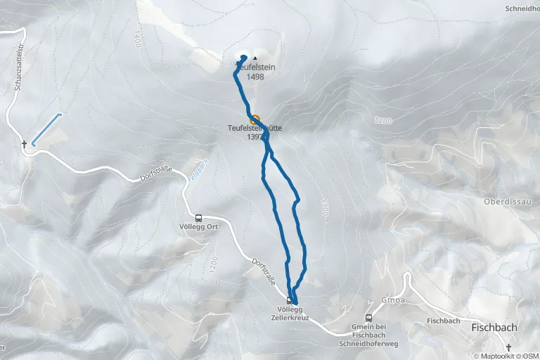 Karte mit Route zu Teufelstein – vom Zellerkreuz als Schneeschuhwanderung