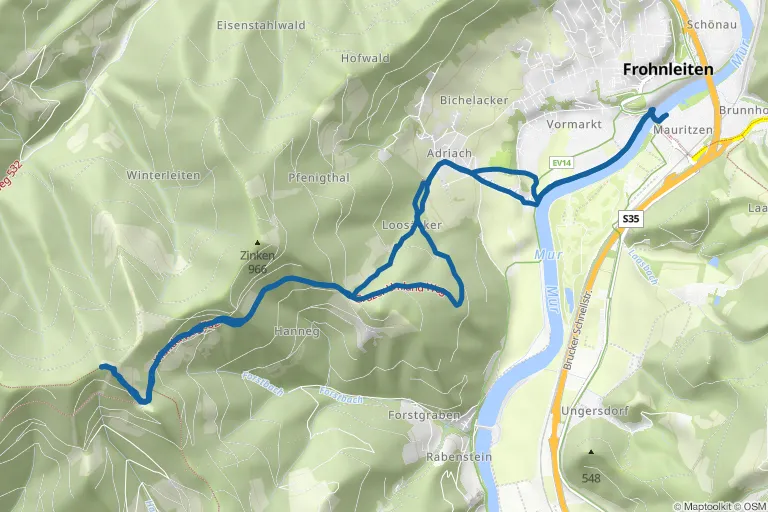 Karte mit Route zu Auf den Haneggkogel (1.088 m) von Frohnleiten