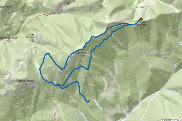 Karte mit Route zu Rote Wand (1.505 m) mit Tyrnauer Alm