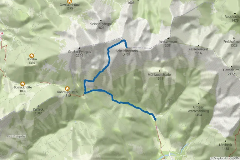 Karte mit Route zu Scheiblingstein (2.197 m) – Wandern in den Haller Mauern