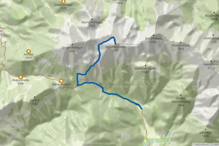 Karte mit Route zu Scheiblingstein – Wandern in den Haller Mauern