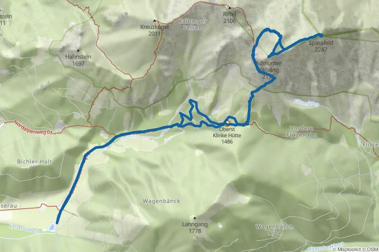 Karte mit Route zu Sparafeld und Kalbling über die Klinkehütte