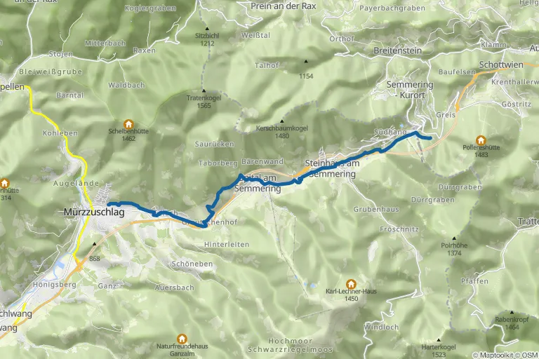 Karte mit Route zu Steirischer Bahnwanderweg – Semmering bis Mürzzuschlag