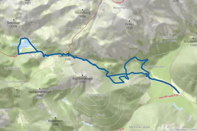 Karte mit Route zu Sackwiesensee – Wanderung über die Häuslalm  vom Bodenbauer