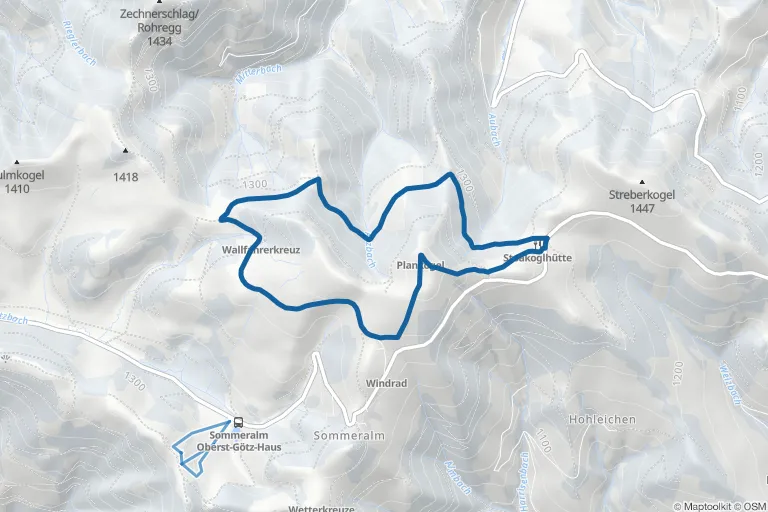 Karte mit Route zu Plankogel (1.346 m) – Rundweg mit Schneeschuhen auf der Sommeralm