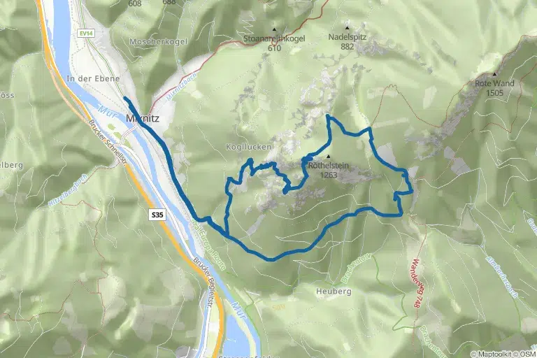Karte mit Route zu Drachenhöhle bei Mixnitz mit Röthelstein-Westgipfel