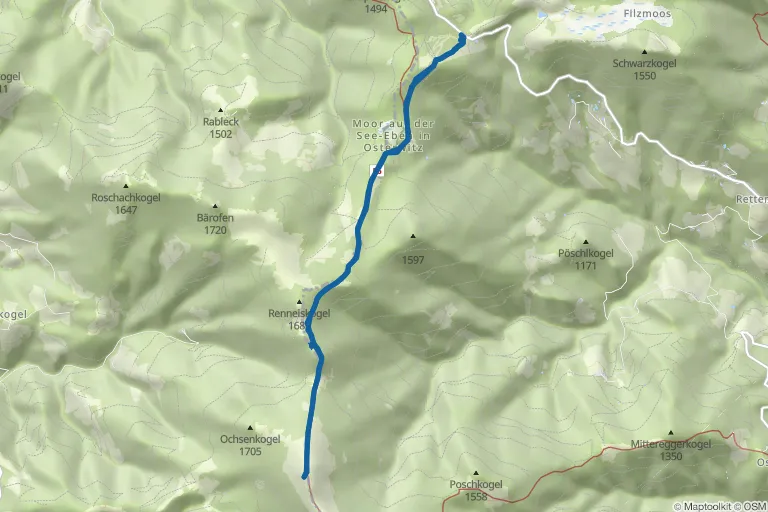 Karte mit Route zu Schneeschuhwandern auf der Hebalm: Weberkogel (1.805 m)