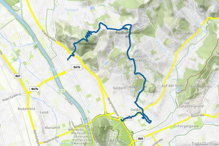 Karte mit Route zu Rosenhain mit Ferdinandhöhe und Reinerkogel