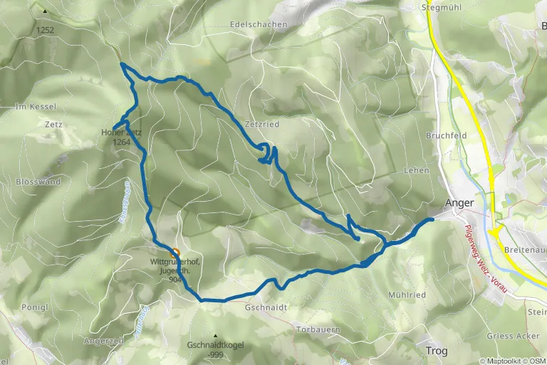 Karte mit Route zu Hohe Zetz (1.264m) von Anger aus