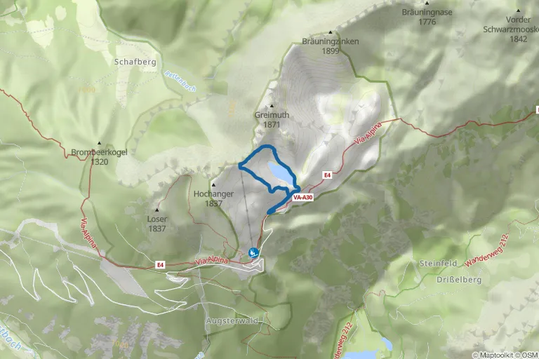 Karte mit Route zu Augstsee und Loserfenster – Wanderung im Toten Gebirge