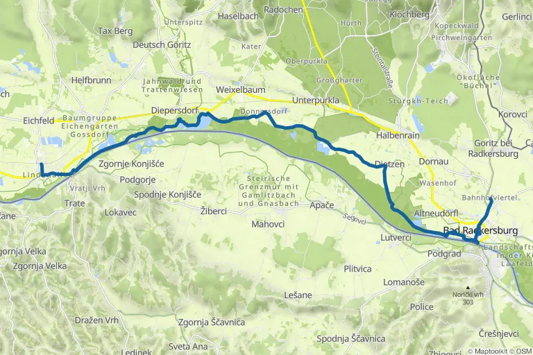 Karte mit Route zu Von Bad Radkersburg bis Mureck / 1. Etappe am Südalpenweg 03
