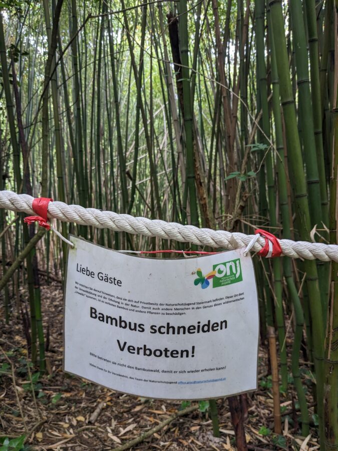 Urwald Graz Bambus schneiden verboten Schild
