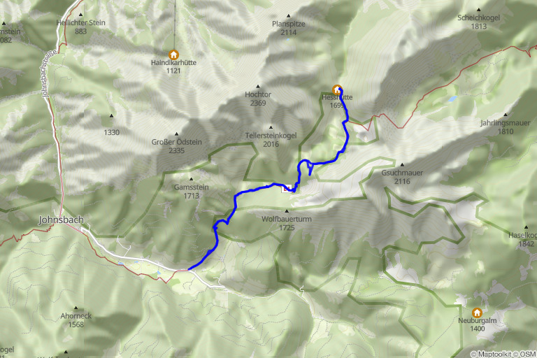 Karte mit Route zu Hesshütte – Wanderung von Johnsbach