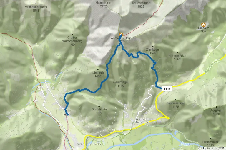 Karte mit Route zu Admonter Haus – über die Grabneralm von Hall