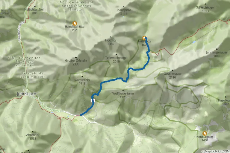 Karte mit Route zu Hesshütte – Wanderung von Johnsbach