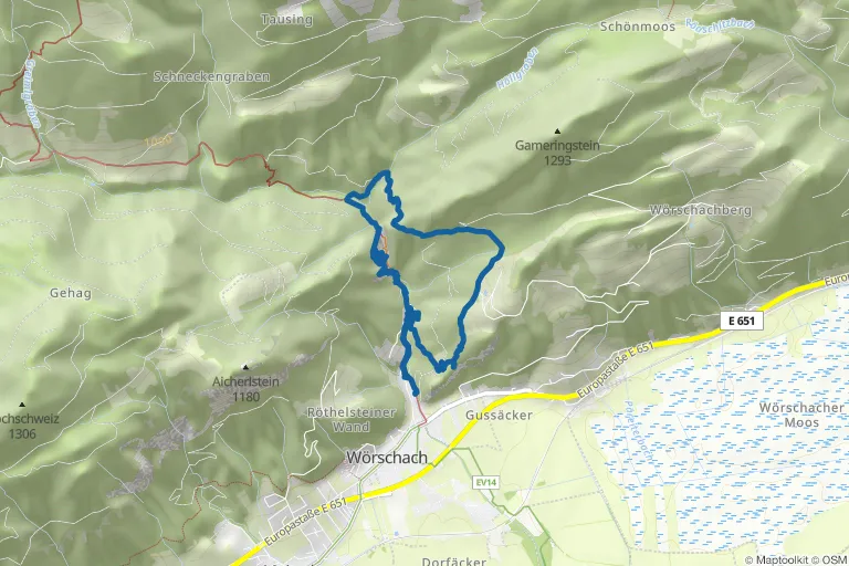 Karte mit Route zu Wörschachklamm – Rundweg mit Burgruine Wolkenstein