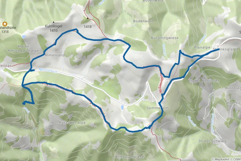 Karte mit Route zu Siebenkögel-Rundweg – über Sommeralm, Raabursprung und Wetterkreuze