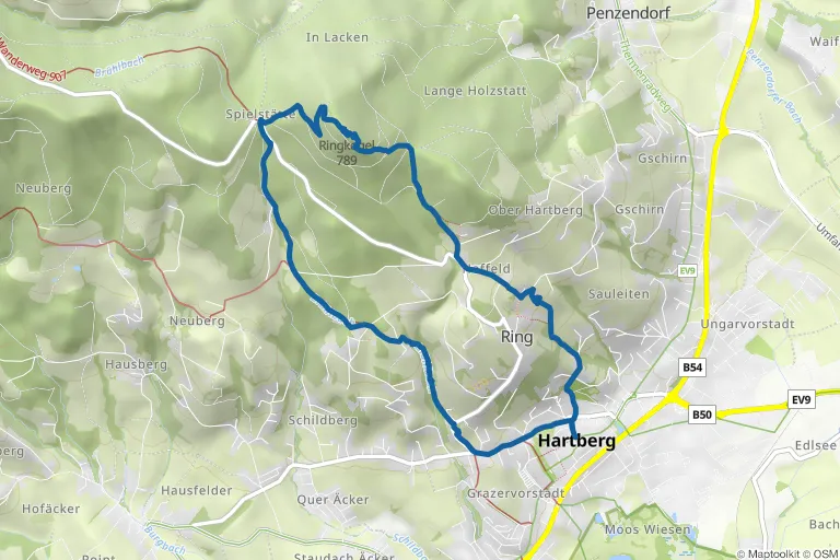 Karte mit Route zu Ringwarte Rundweg in Hartberg