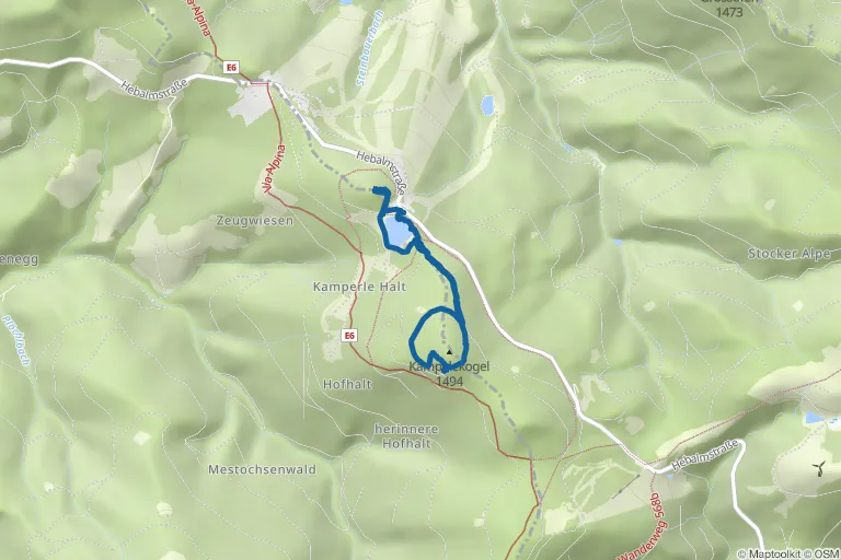 Karte mit Route zu Hebalmsee-Runde mit Aussichtsplattform und Dom im Wald