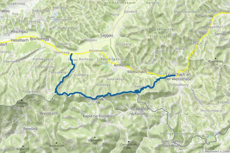 Karte mit Route zu Etappe 4 auf dem Südalpenweg – Von Leutschach bis Pongratzen