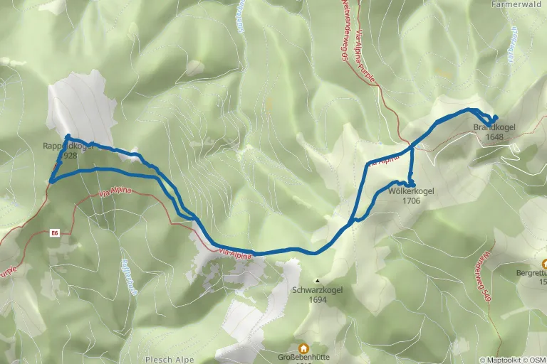 Karte mit Route zu Rappoldkogel – mit Wölkerkogel und Brandkogel auf der Stubalpe