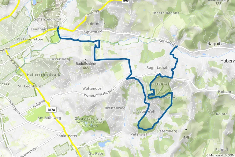 Karte mit Route zu Schloss Lustbühel und Neue-Welt-Höhe