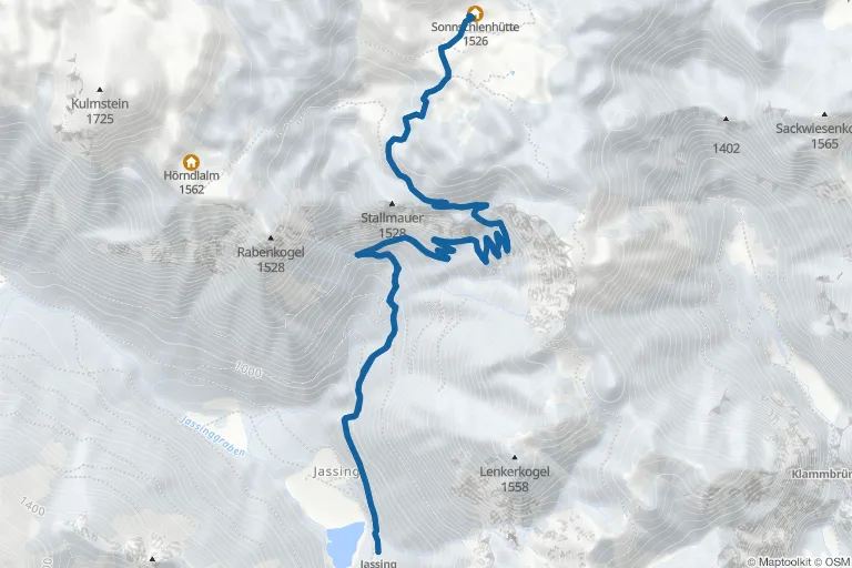 Karte mit Route zu Zur Sonnschienhütte als Schneeschuhwanderung von Jassing