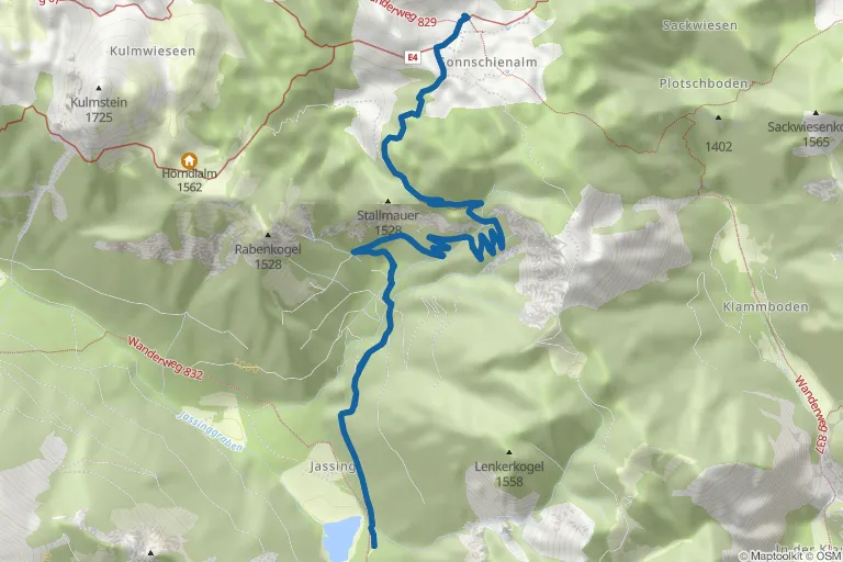 Karte mit Route zu Zur Sonnschienhütte als Schneeschuhwanderung von Jassing