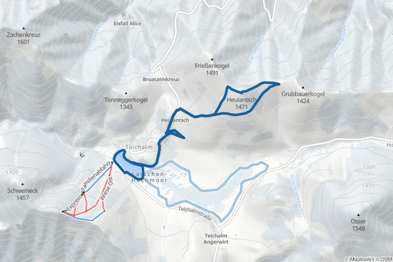 Karte mit Route zu Heulantsch (1.473 m) – Runde mit Schneeschuhen von der Teichalm