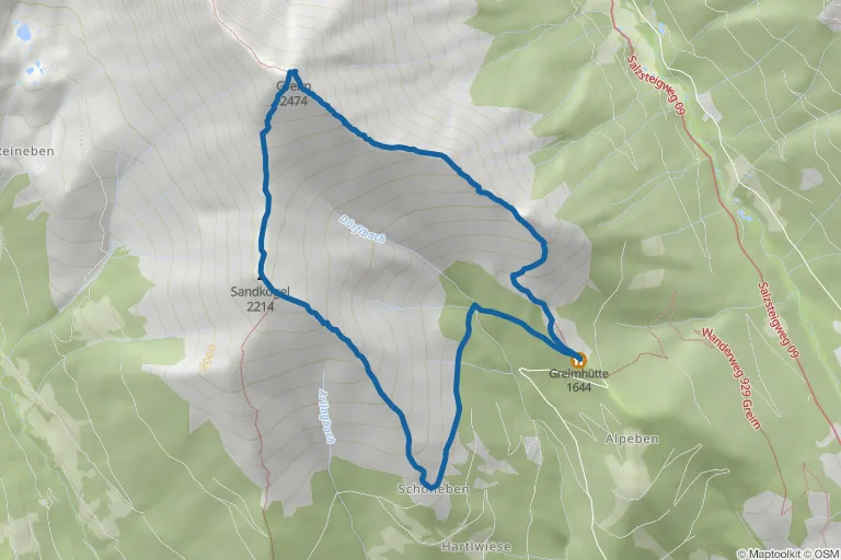 Karte mit Route zu Greim (2.474 m) – Rundwanderung über den Gipfel von der Greimhütte