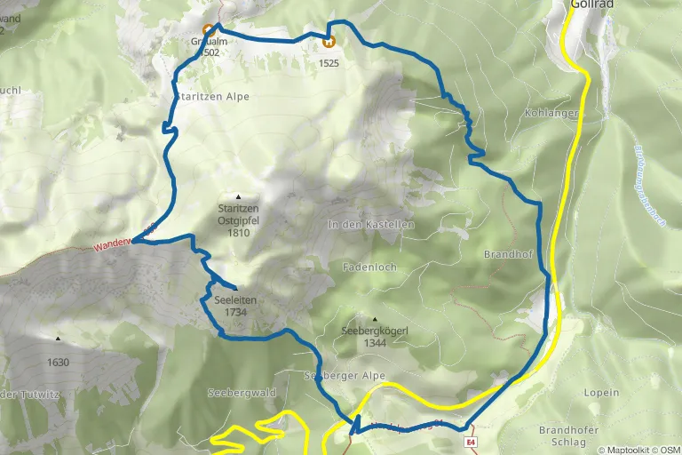 Karte mit Route zu Aflenzer Staritzen mit Seeleiten (1.734 m) und Graualm – Hochschwab