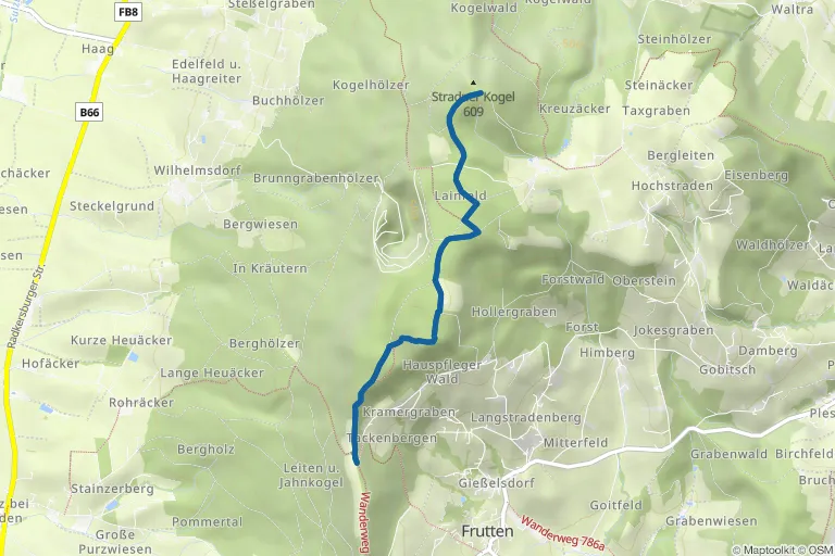 Karte mit Route zu Stradner Kogel von der Aussichtswarte Vulkanland