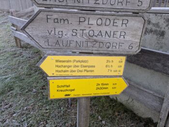 4 wegtafeln laufnitzdorf schiffall kreuzkogel