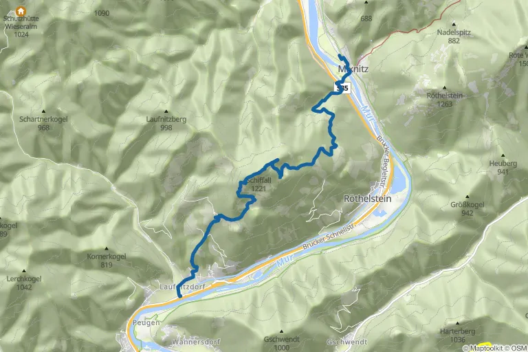 Karte mit Route zu Schiffall und Kreuzkogel im Grazer Bergland