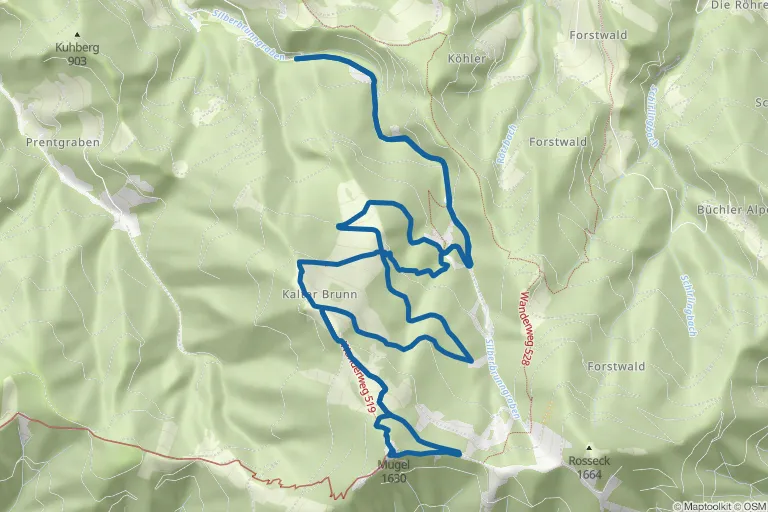 Karte mit Route zu Auf die Mugel (1.630 m) – von Niklasdorf aus