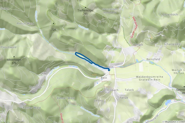 Karte mit Route zu Barfußweg am Stift Rein