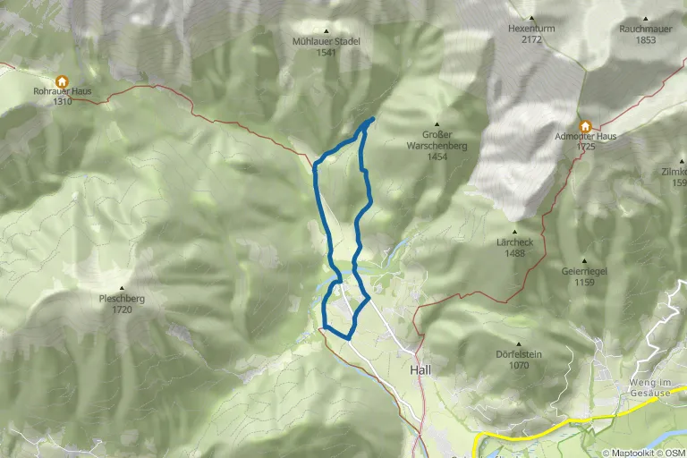 Karte mit Route zu Mühlauer Wasserfallrunde in Hall