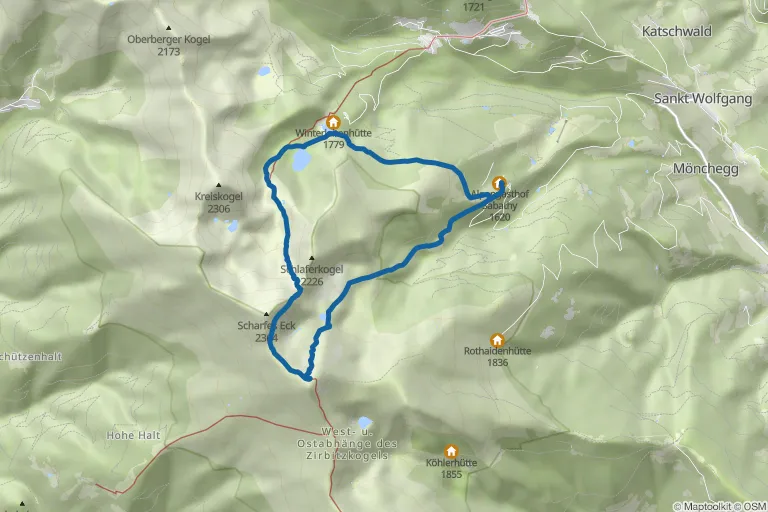 Karte mit Route zu Zirbitzkogel (2.396 m) – von der Sabathyhütte über den Lindersee und Winterleiten