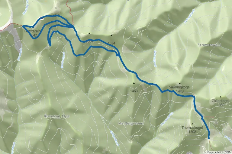 Karte mit Route zu Fensteralm (1.642 m) vom Plotscherbauer