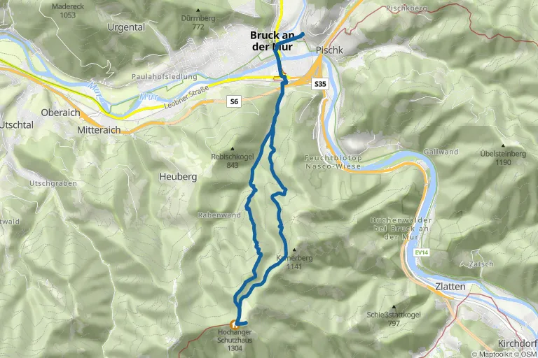 Karte mit Route zu Hochanger (1.304 m) – von Bruck an der Mur