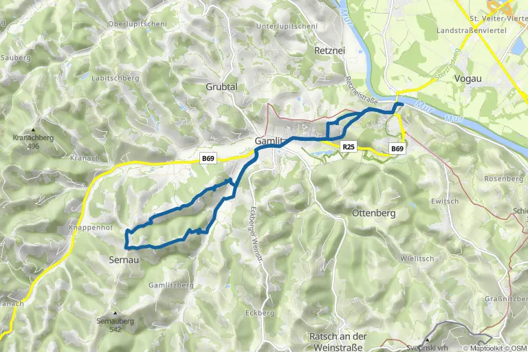 Karte mit Route zu Von Gamlitz auf den Sernauberg – Rundwegwanderung