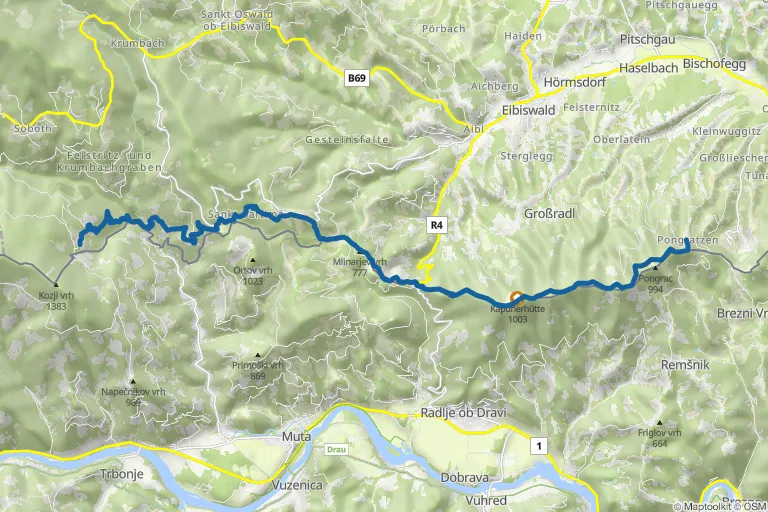 Karte mit Route zu Etappe 5 auf dem Südalpenweg – Von Pongratzen bis Laaken