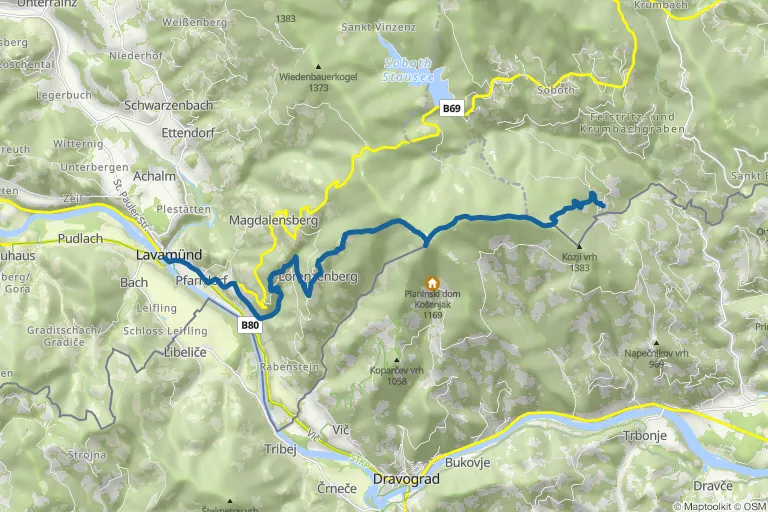Karte mit Route zu Etappe 6 auf dem Südalpenweg – Von Laaken bis Lavamünd