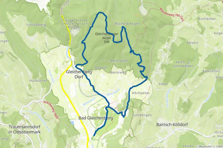 Karte mit Route zu Gleichenberger Kogel (598 m) mit Mühlsteinbruch