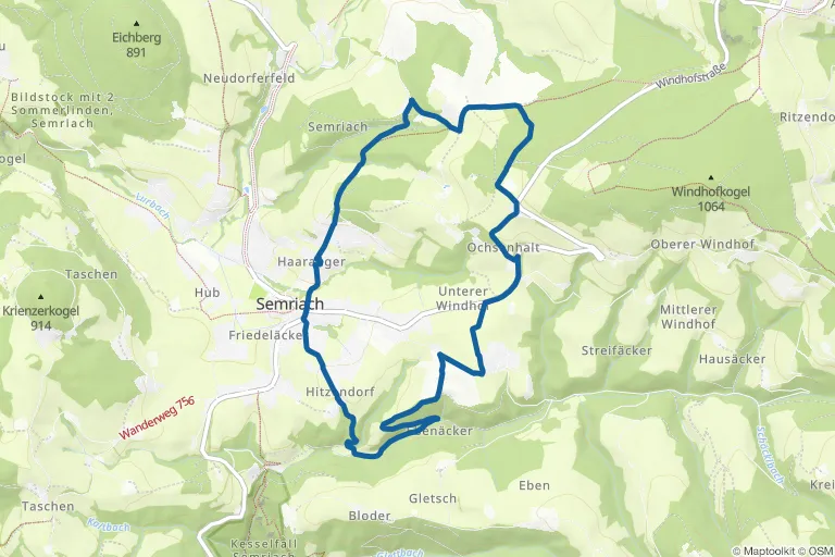 Karte mit Route zu Großer Panoramarundweg (R3) in Semriach