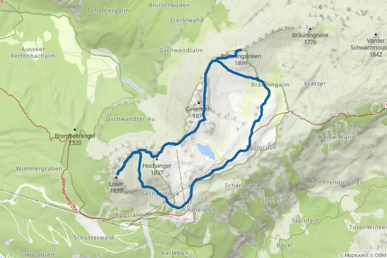 Karte mit Route zu Loser Gipfeltour mit Hochanger und Bräuningzinken