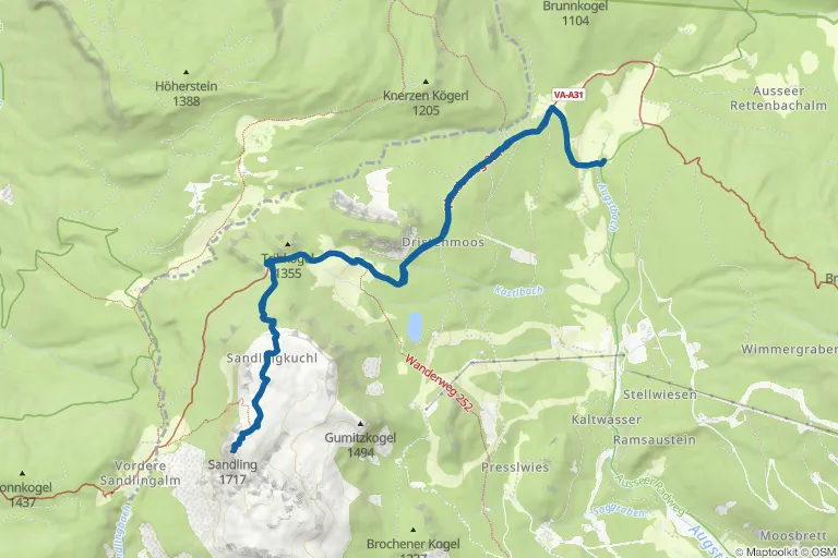Karte mit Route zu Sandling (1.718 m) – Bergtour auf einsamen Pfaden
