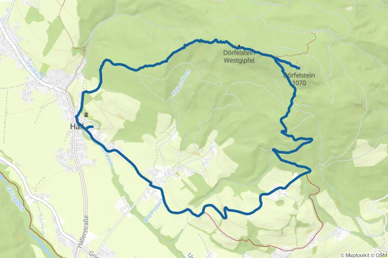 Karte mit Route zu Dörfelstein (1.070 m) Rundweg von Hall